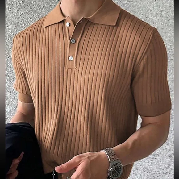 Brown / tan Men’s button v neck collared polo short sleeve rib knit shirt - Picture 1 of 4